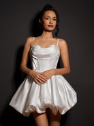Nica | White - A Line Bubble hem Satin Corset Sweetheart Homecoming Dresses