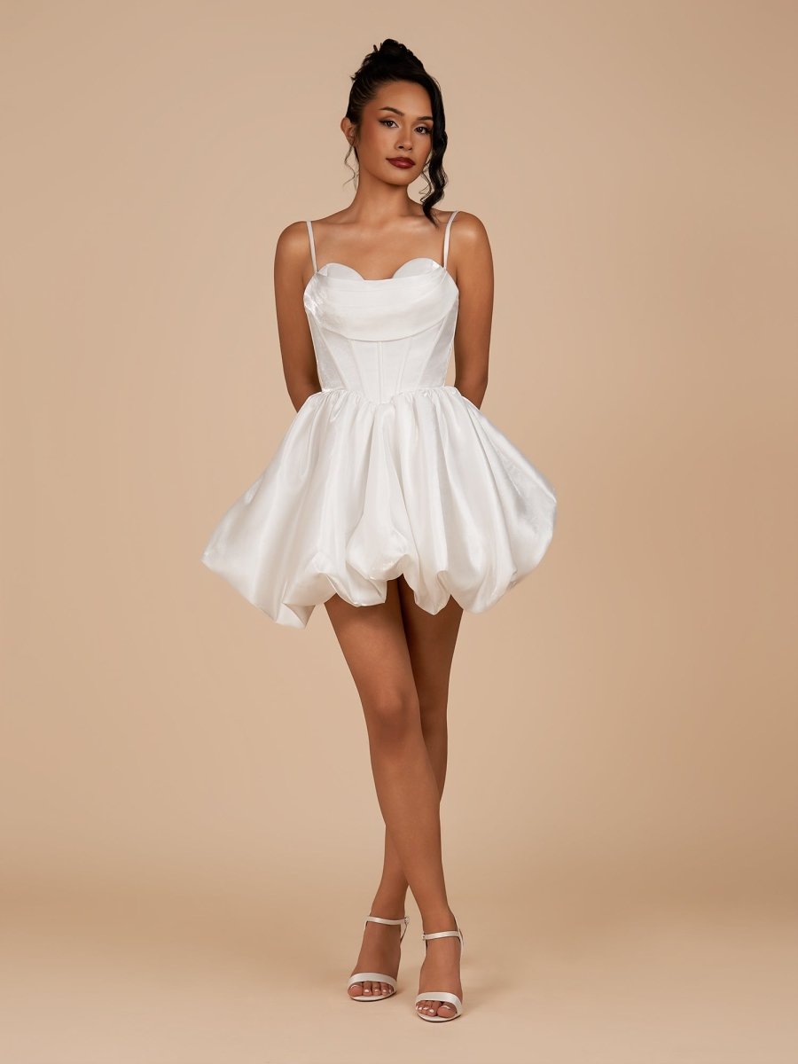 Nica | White - A Line Bubble hem Satin Corset Sweetheart Homecoming Dresses