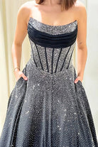 Niels | Black - Strapless A Line Satin Beaded Long Prom Dresses With Pockets - KissProm