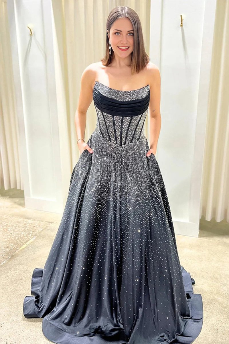 Niels | Black - Strapless A Line Satin Beaded Long Prom Dresses With Pockets - KissProm