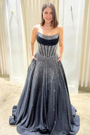Niels | Black - Strapless A Line Satin Beaded Long Prom Dresses With Pockets - KissProm