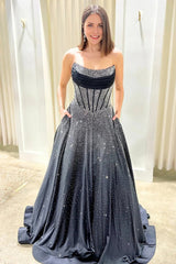 Niels | Black - Strapless A Line Satin Beaded Long Prom Dresses With Pockets - KissProm