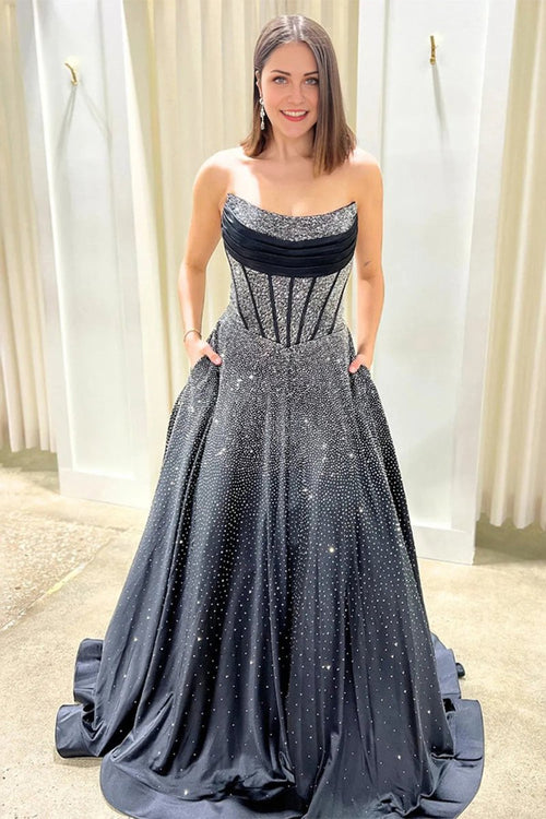 Niels | Black - Strapless A Line Satin Beaded Long Prom Dresses With Pockets - KissProm