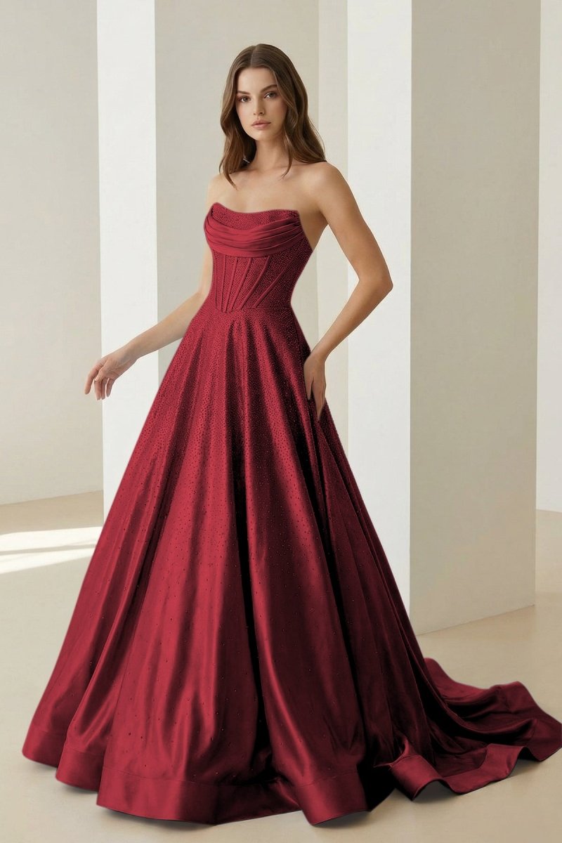 Niels | Burgundy - Strapless A Line Satin Beaded Long Prom Dresses With Pockets - KissProm