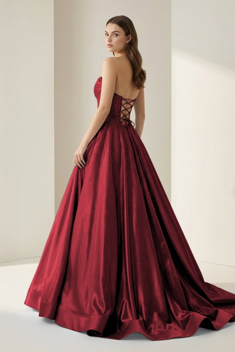 Niels | Burgundy - Strapless A Line Satin Beaded Long Prom Dresses With Pockets - KissProm