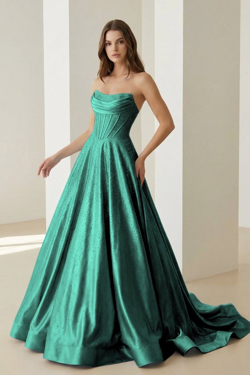Green - Strapless A Line Satin Beaded Long Prom Dresses With Pockets – Prom Dress by KissProm | Available at KissProm