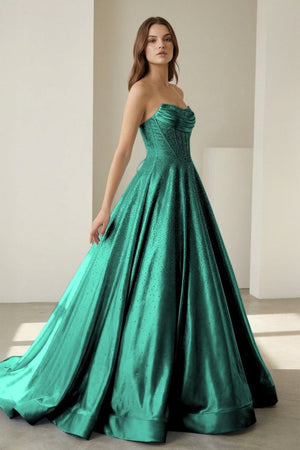 Green - Strapless A Line Satin Beaded Long Prom Dresses With Pockets – Prom Dress by KissProm | Available at KissProm