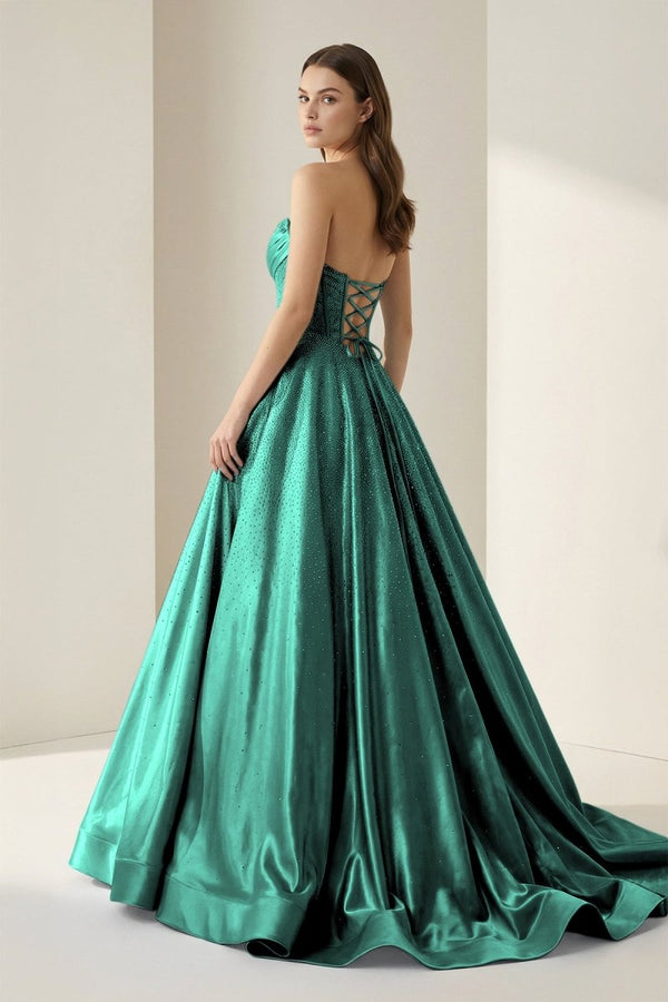 Green - Strapless A Line Satin Beaded Long Prom Dresses With Pockets – Prom Dress by KissProm | Available at KissProm