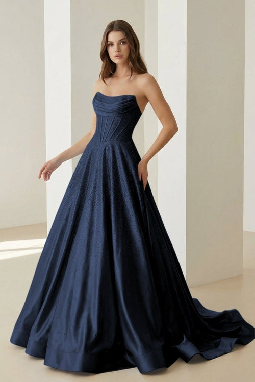 Niels | Navy Blue - Strapless A Line Satin Beaded Long Prom Dresses With Pockets - KissProm