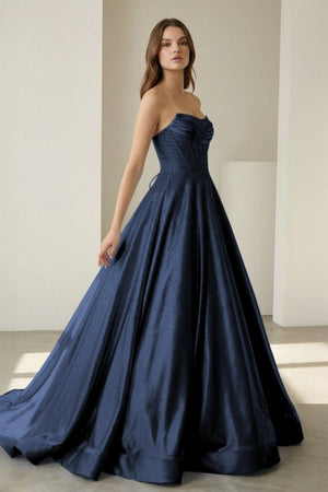Niels | Navy Blue - Strapless A Line Satin Beaded Long Prom Dresses With Pockets - KissProm