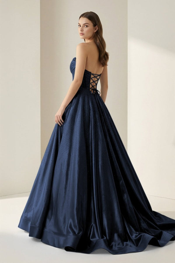 KissProm Sky Blue Strapless A Line Satin Beaded Long Prom Dresses With Pockets, Navy Blue / 12