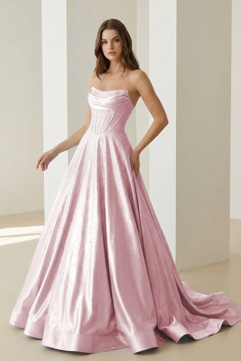 Niels | Pink - Strapless A Line Satin Beaded Long Prom Dresses With Pockets - KissProm