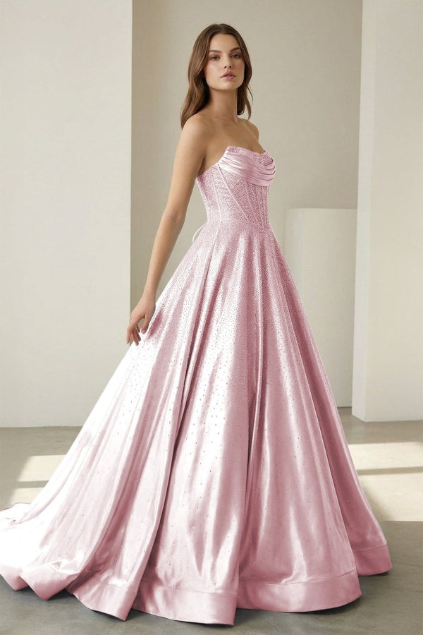 Niels | Pink - Strapless A Line Satin Beaded Long Prom Dresses With Pockets - KissProm