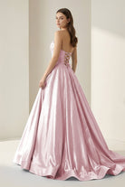 Niels | Pink - Strapless A Line Satin Beaded Long Prom Dresses With Pockets - KissProm