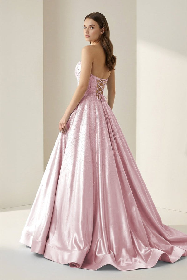 Niels | Pink - Strapless A Line Satin Beaded Long Prom Dresses With Pockets - KissProm