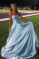 Niels | Sky Blue - Strapless A Line Satin Beaded Long Prom Dresses With Pockets - KissProm
