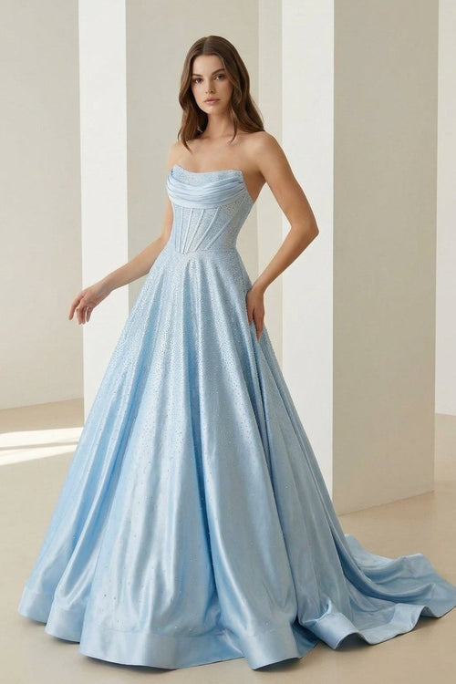 KissProm Sky Blue Strapless A Line Satin Beaded Long Prom Dresses With Pockets, Sky Blue / 0
