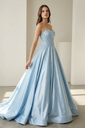 Niels | Sky Blue - Strapless A Line Satin Beaded Long Prom Dresses With Pockets - KissProm