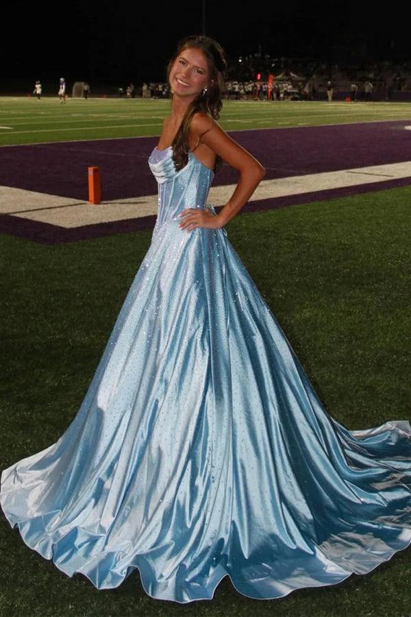 Niels | Sky Blue - Strapless A Line Satin Beaded Long Prom Dresses With Pockets - KissProm