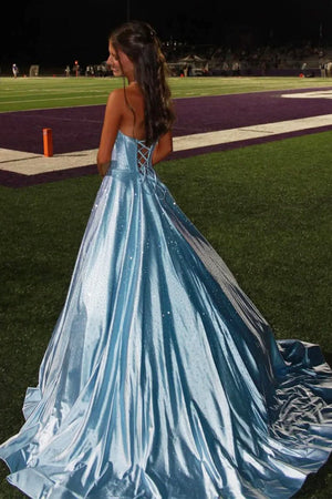 Niels | Sky Blue - Strapless A Line Satin Beaded Long Prom Dresses With Pockets - KissProm