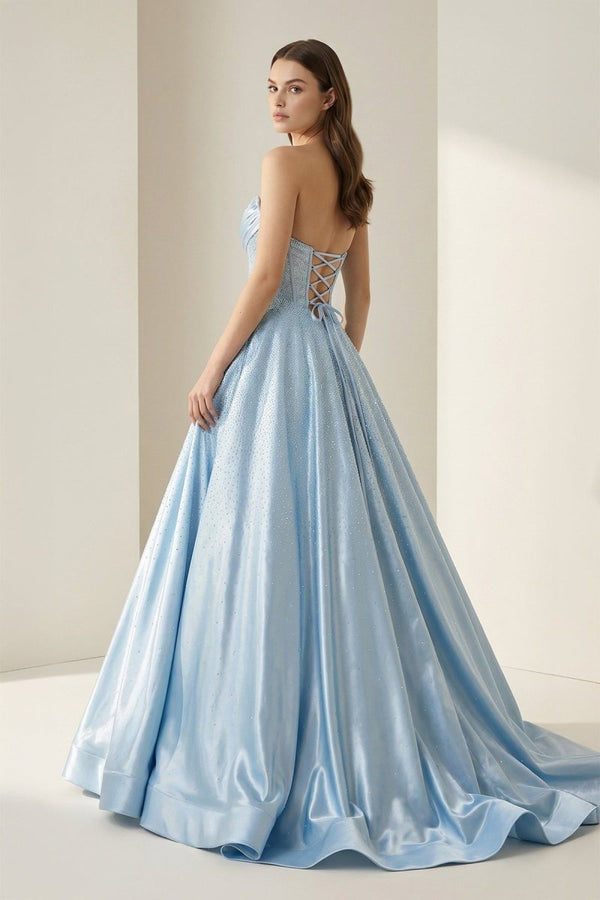 Niels | Sky Blue - Strapless A Line Satin Beaded Long Prom Dresses With Pockets - KissProm