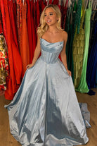 Niels | Sky Blue - Strapless A Line Satin Beaded Long Prom Dresses With Pockets - KissProm