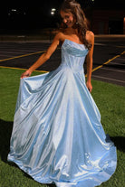 Niels | Sky Blue - Strapless A Line Satin Beaded Long Prom Dresses With Pockets - KissProm