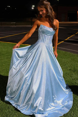 Niels | Sky Blue - Strapless A Line Satin Beaded Long Prom Dresses With Pockets - KissProm