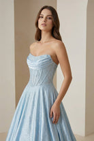 Niels | Sky Blue - Strapless A Line Satin Beaded Long Prom Dresses With Pockets - KissProm