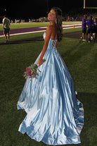 Niels | Sky Blue - Strapless A Line Satin Beaded Long Prom Dresses With Pockets - KissProm