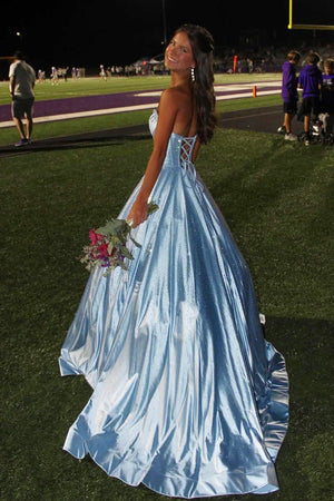 Niels | Sky Blue - Strapless A Line Satin Beaded Long Prom Dresses With Pockets - KissProm