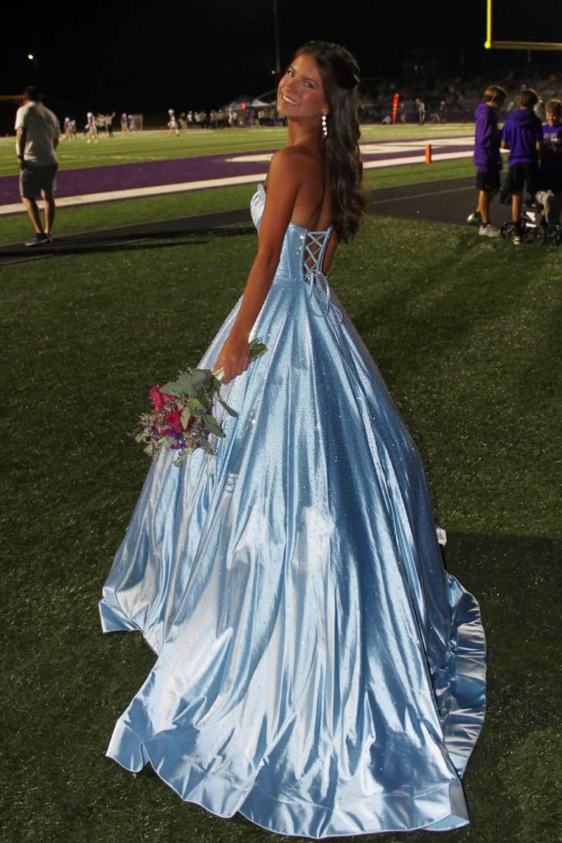 Niels | Sky Blue - Strapless A Line Satin Beaded Long Prom Dresses With Pockets - KissProm