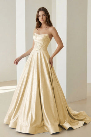 Yellow - Strapless A Line Satin Beaded Long Prom Dresses With Pockets – Prom Dress by KissProm | Available at KissProm