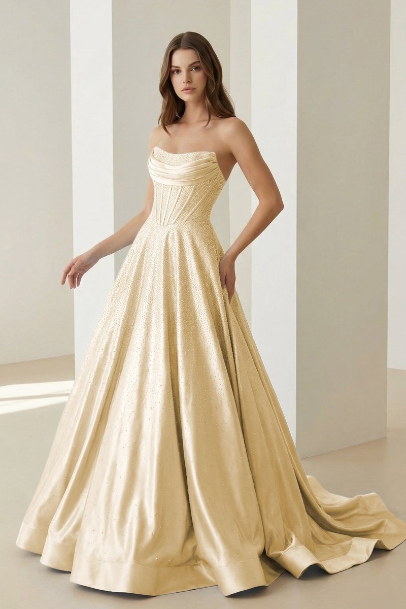 Niels | Yellow - Strapless A Line Satin Beaded Long Prom Dresses With Pockets - KissProm