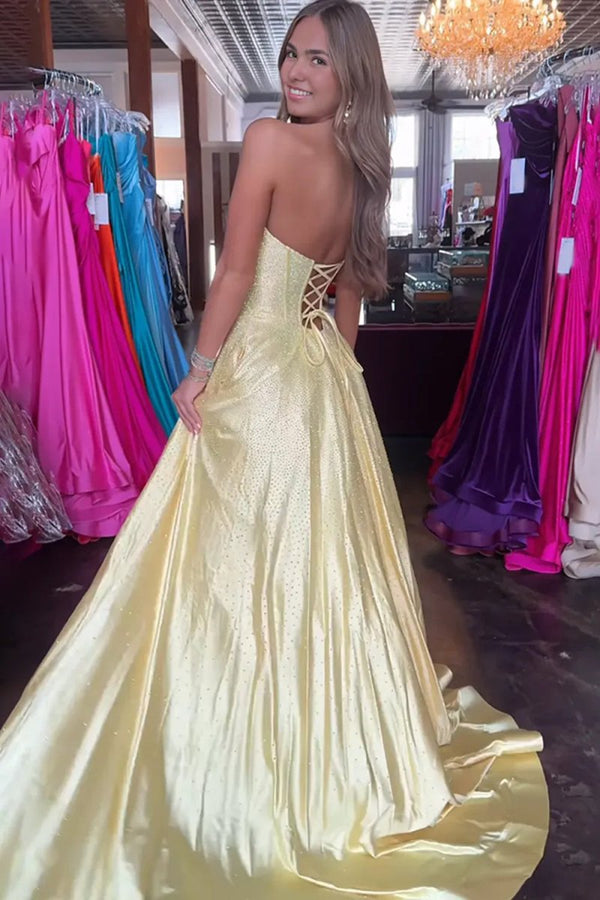 Yellow - Strapless A Line Satin Beaded Long Prom Dresses With Pockets – Prom Dress by KissProm | Available at KissProm