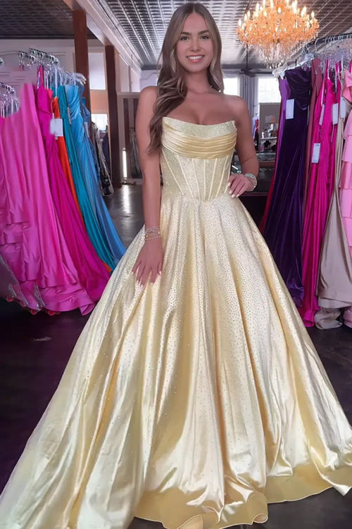 Niels | Yellow - Strapless A Line Satin Beaded Long Prom Dresses With Pockets - KissProm