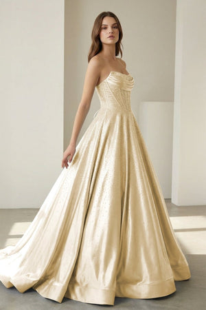 Yellow - Strapless A Line Satin Beaded Long Prom Dresses With Pockets – Prom Dress by KissProm | Available at KissProm
