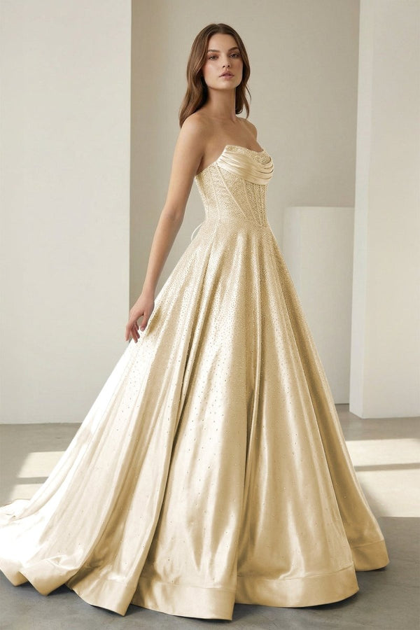 Yellow - Strapless A Line Satin Beaded Long Prom Dresses With Pockets – Prom Dress by KissProm | Available at KissProm