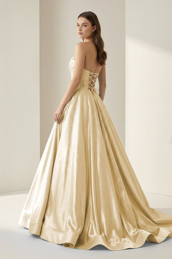 Yellow - Strapless A Line Satin Beaded Long Prom Dresses With Pockets – Prom Dress by KissProm | Available at KissProm