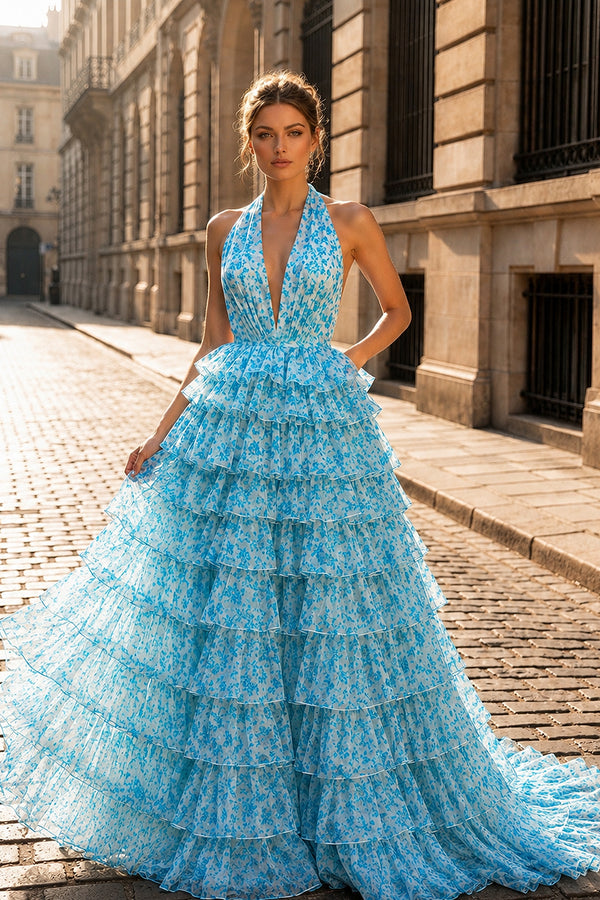 Blue Halter Tulle Printed Ruffle Tiered A Line Prom Dresses-KissProm
