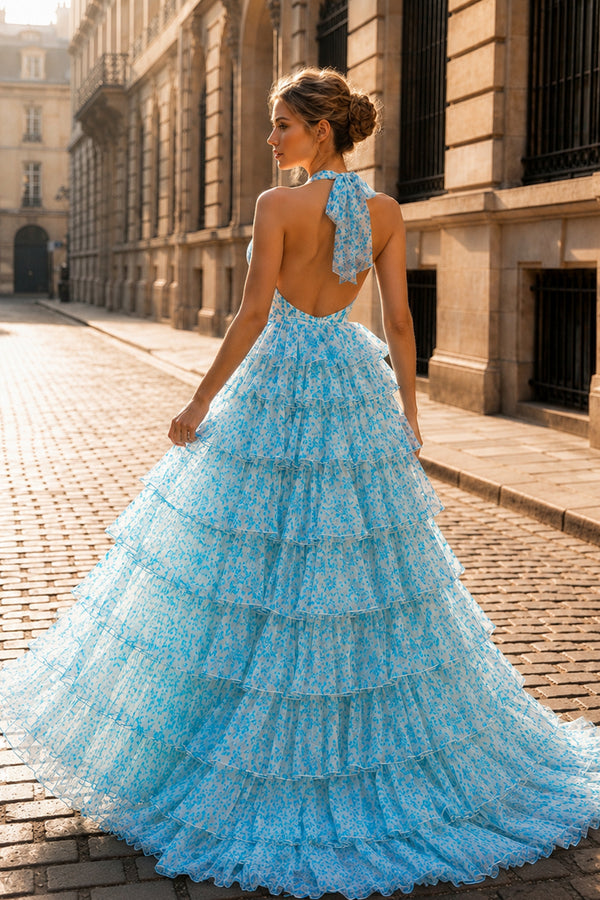 Blue Halter Tulle Printed Ruffle Tiered A Line Prom Dresses-KissProm