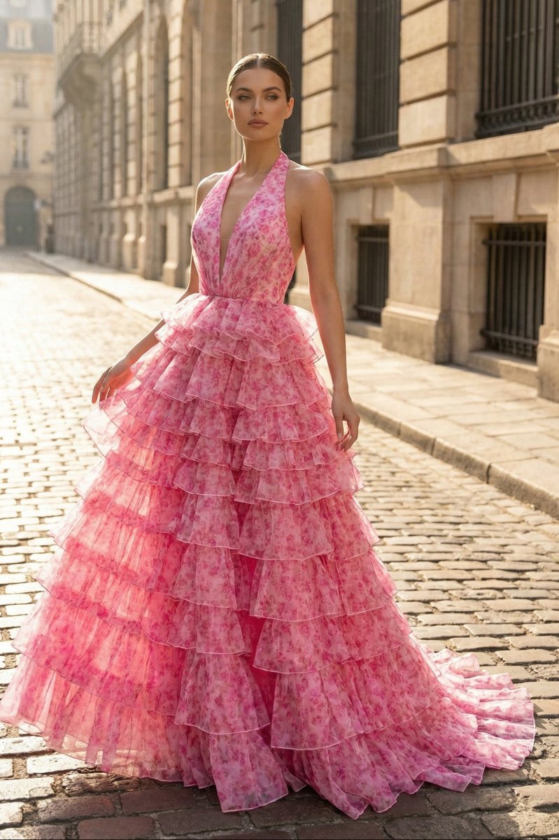 Nimue | Pink Halter Tulle Printed Ruffle Tiered A Line Prom Dresses - KissProm