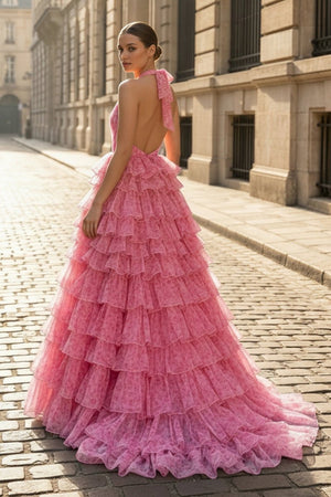 Nimue | Pink Halter Tulle Printed Ruffle Tiered A Line Prom Dresses - KissProm