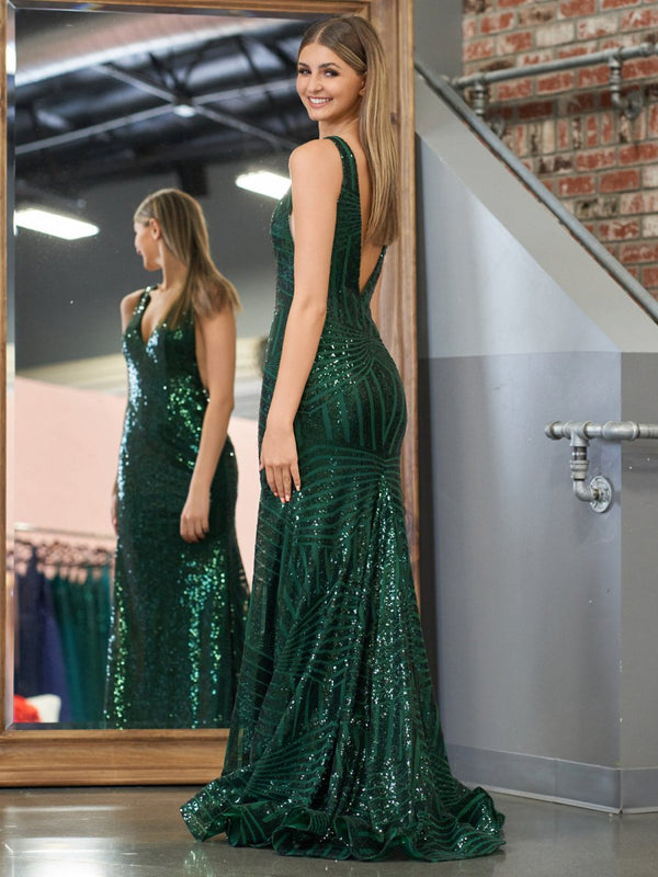 Nina | Red Mermaid Deep V Neck Sequins Prom Dress