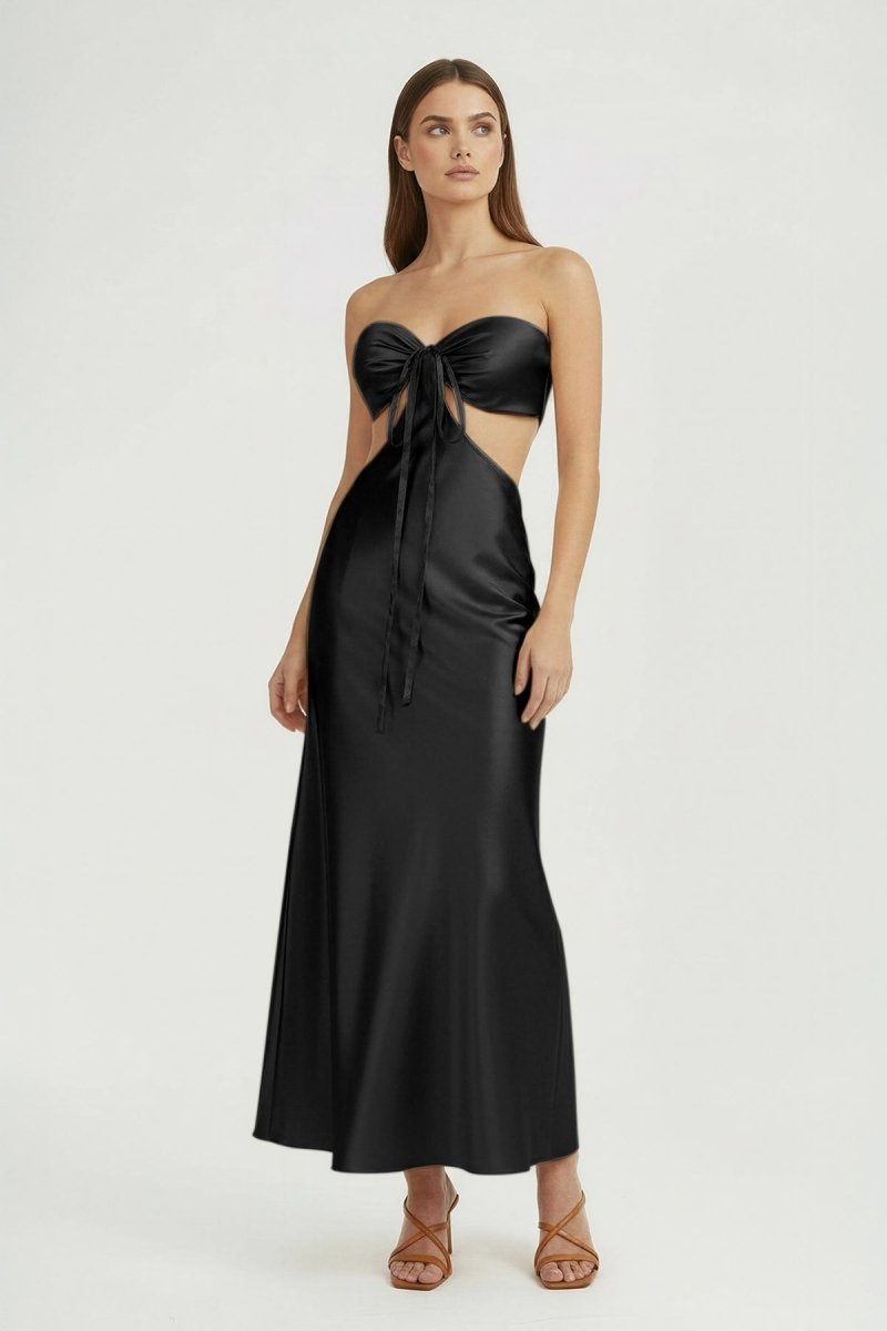 Ninelle | Black - Strapless Sheath Satin Open Back Prom Dresses With Cutout - KissProm