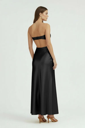 Ninelle | Black - Strapless Sheath Satin Open Back Prom Dresses With Cutout - KissProm