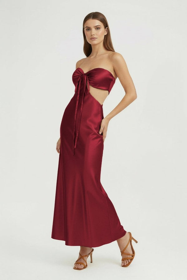 Ninelle | Burgundy - Strapless Sheath Satin Open Back Prom Dresses With Cutout - KissProm