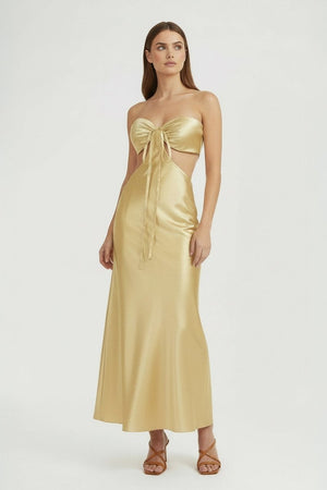 Ninelle | Champagne - Strapless Sheath Satin Open Back Prom Dresses With Cutout - KissProm