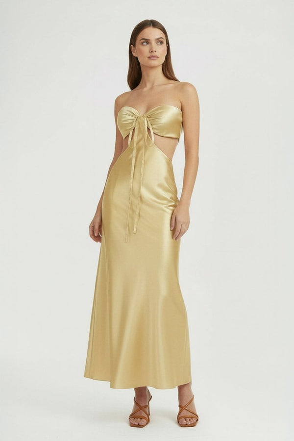 Ninelle | Champagne - Strapless Sheath Satin Open Back Prom Dresses With Cutout - KissProm
