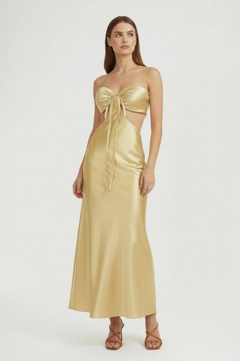 Ninelle | Champagne - Strapless Sheath Satin Open Back Prom Dresses With Cutout - KissProm